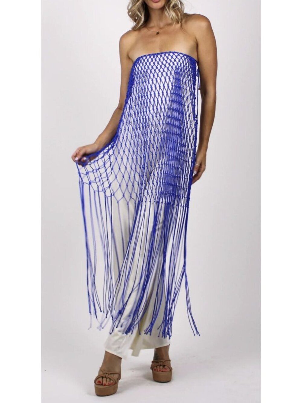 Baobab Indira Size Small Blue Net Fringe Cover-Up & Cream Pants Set New